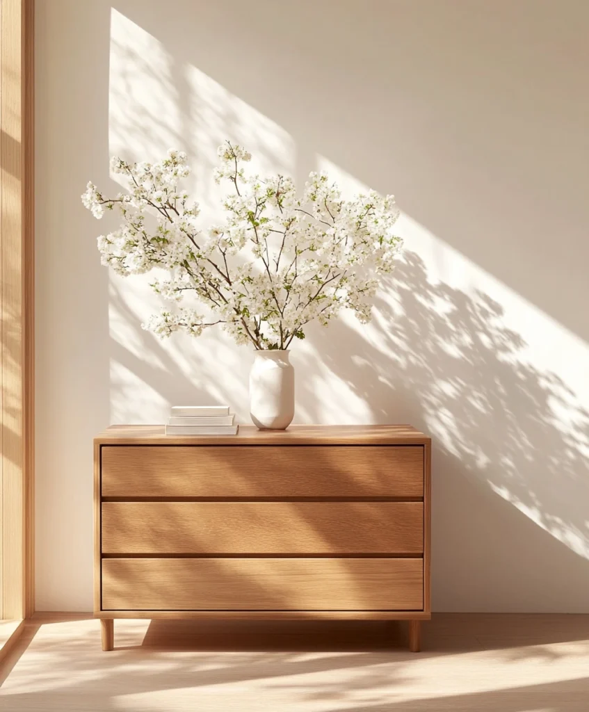 Clean, minimalistic wooden dresser with a white vase and flowers on top.