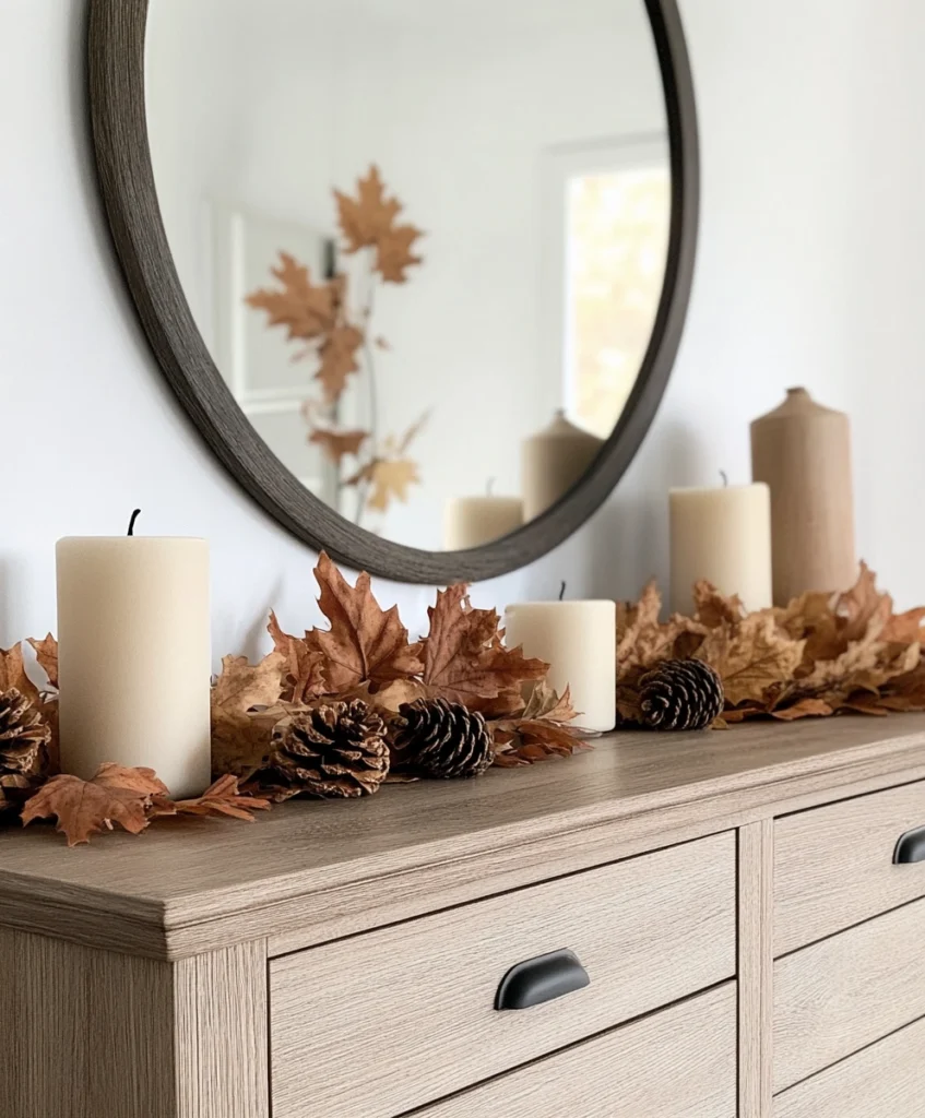 Dresser styled with pumpkins, candlesticks, and a rustic mirror for a warm fall look.