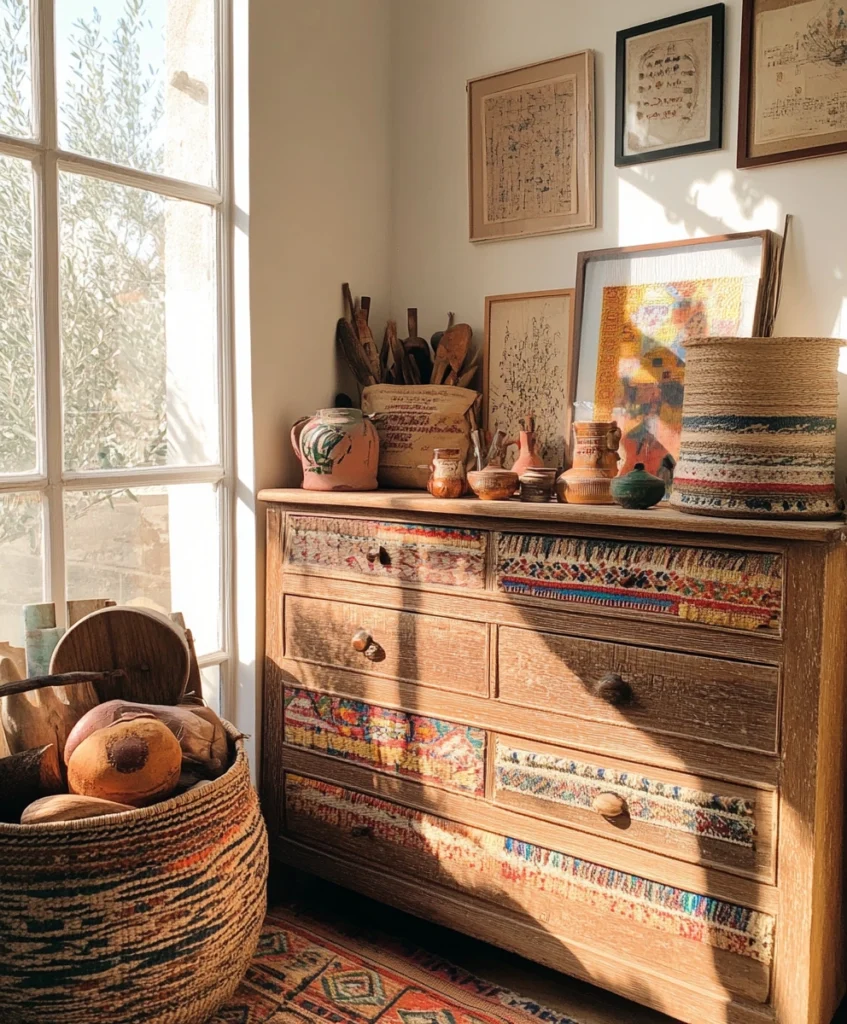 Bohemian dresser holding colorful decorative objects and souvenirs.