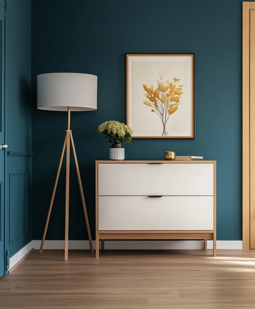 Neutral dresser against a teal accent wall, decorated with a lamp and framed art.