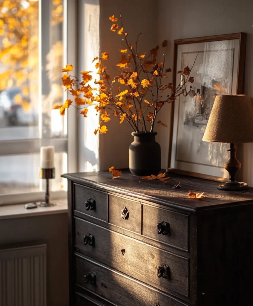 Dark wooden dresser with brass handles, styled with warm-hued accessories.