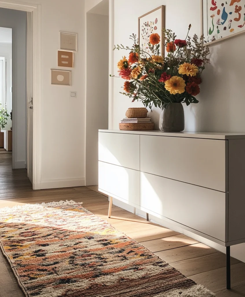 White living room dresser decorated with a colorful vase of flowers and playful wall art.