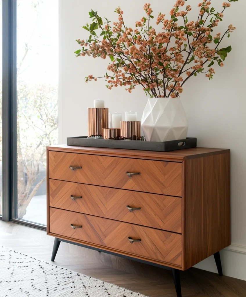 Modern living room dresser showcasing geometric-patterned drawers and a polygonal tray with candles.