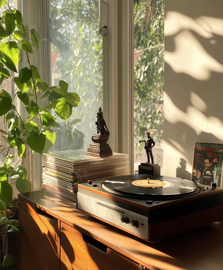 Dresser featuring a record player, vinyl albums, and travel souvenirs.