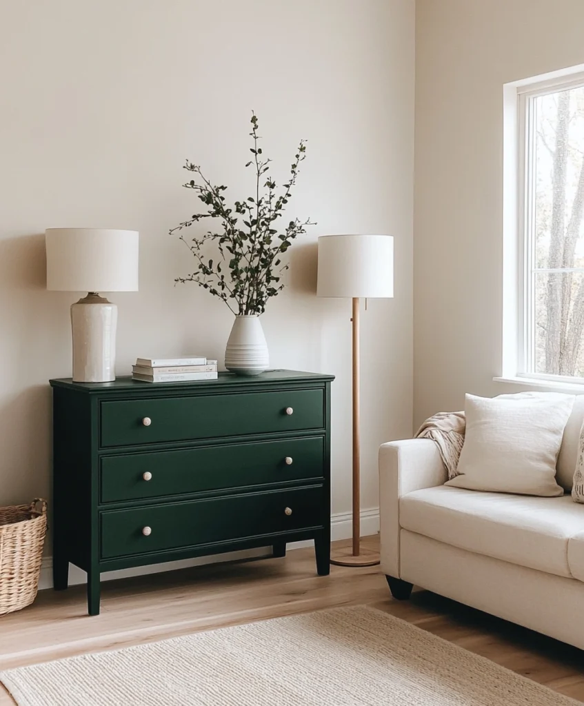 Emerald green dresser in a neutral room with simple contrasting décor.