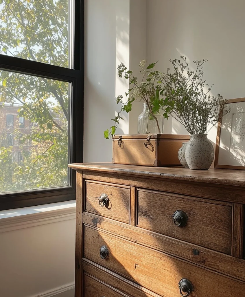 Dresser showcasing mismatched ceramic and metallic drawer knobs for a boho style.