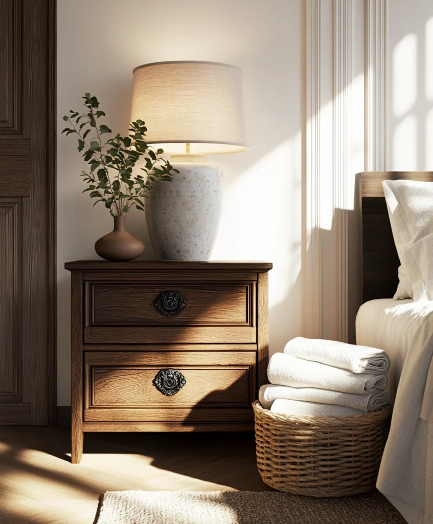 A close-up of a wooden nightstand with iron hardware, a ceramic lamp, and a woven basket on the floor.