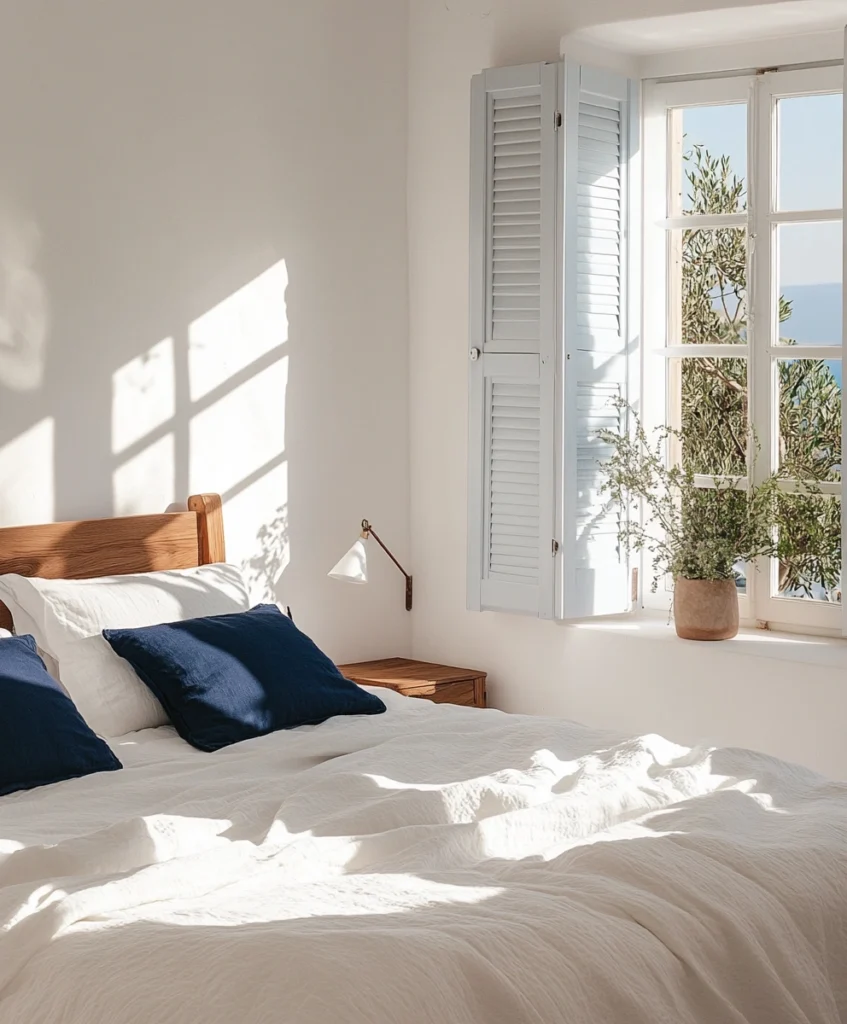 A minimal Greek Isles-style bedroom with white plaster walls, a wooden bed, and blue accents.