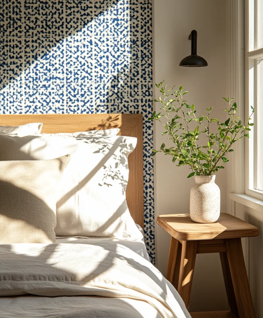 A modern bedroom wall with blue-and-white tile-patterned wallpaper, white bedding, and a wooden side table.