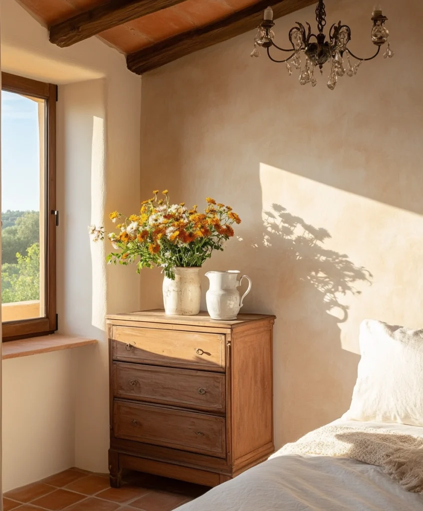 An Italian-style bedroom with pastel walls, a distressed dresser, and a ceramic pitcher of flowers.