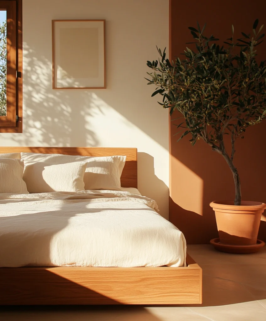 A fusion-style bedroom with a low wooden bed, terracotta accent wall, and a potted olive plant.