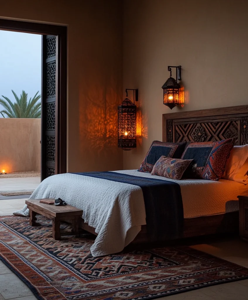 A Moroccan Ryad-style bedroom with patterned rugs, mosaic tiles, and jewel-toned pillows.