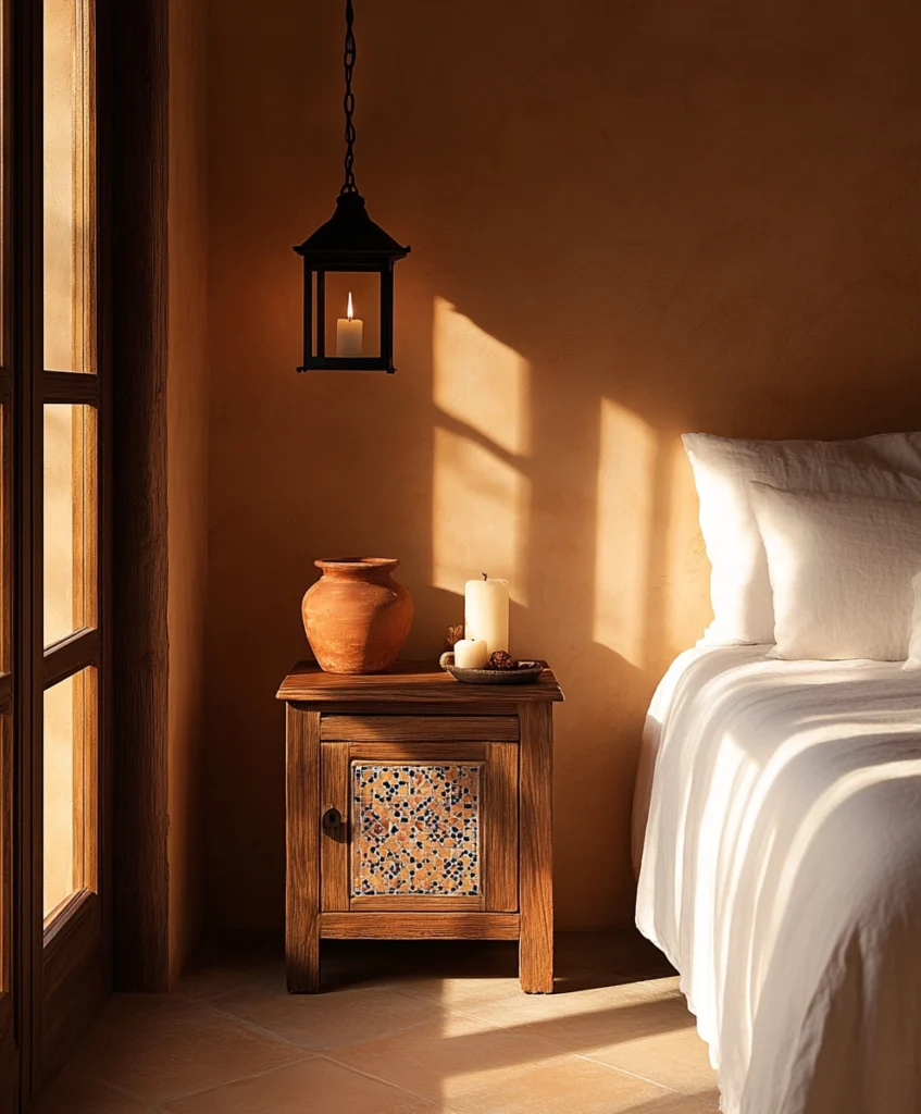 A Spanish hacienda-inspired bedroom corner with terracotta walls, wooden nightstand, and a mosaic lamp.