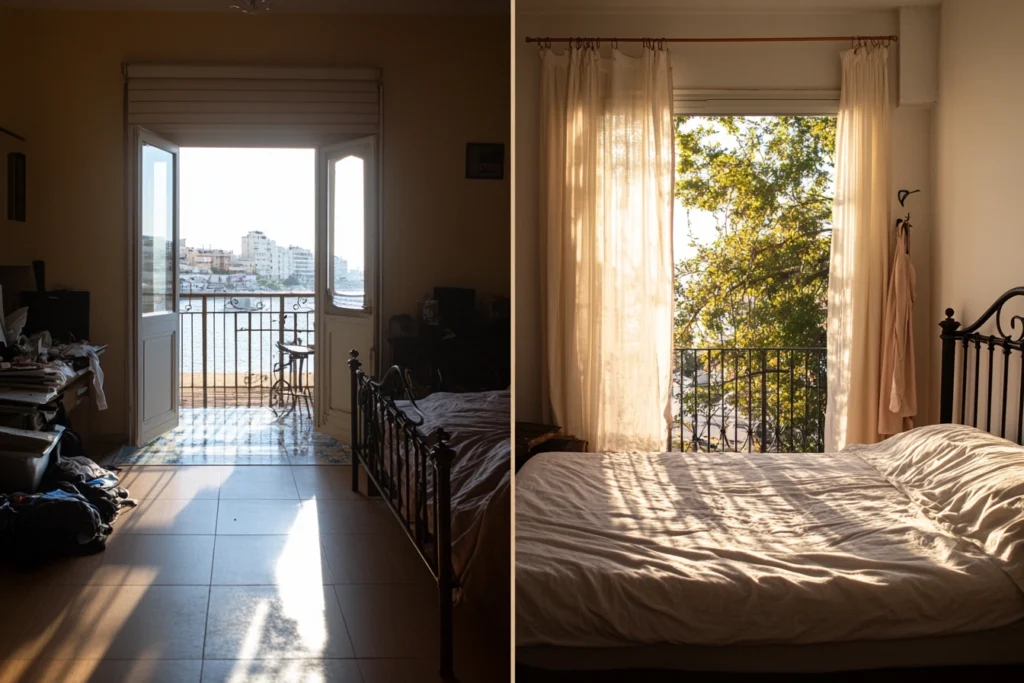 Before-and-after comparison of a dark, cluttered bedroom transformed into a bright, airy Mediterranean-style room.